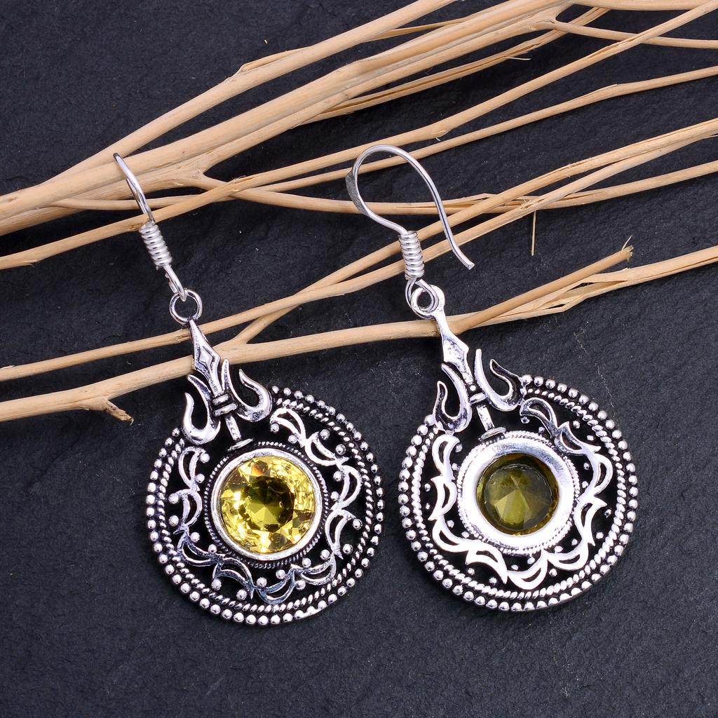 Naturlig Citrin Edelsten Håndlaget 925 Sterlingsølv Smykke Øredobb 2" A7U88