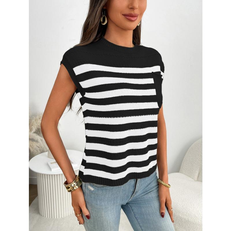 Summer New Women's Round Neck Top Thick Stitch Casual Striped Sweater