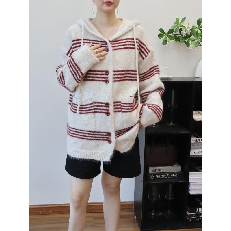 Contrasting striped hooded sweater jacket women's autumn and winter new loose and versatile medium and long knitted cardigan