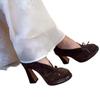 2026 Autumn/Winter Vintage Brown Bow Suede Mouth Thick French High Heels