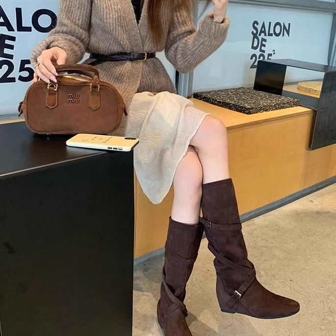 Sheepskin version~ Height increase 6cm round head thin medium boots for women, autumn and winter new soft long tube stacking boots, long boots for wo