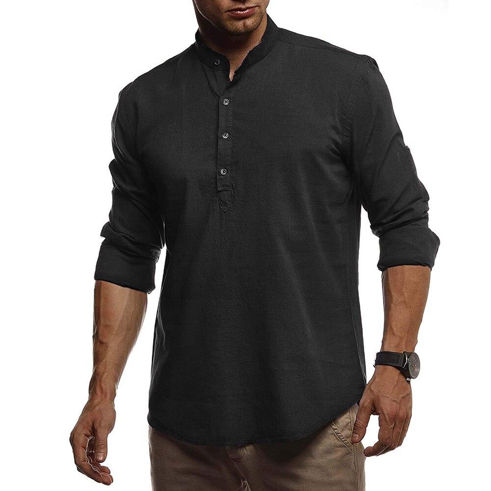 Men Stand Collar Pullover Hemp Shirts 