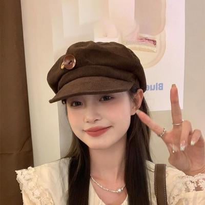 Double Button Decoration Corduroy Baseball Caps Windproof Adjustable Newspaper Hat Beret Keep Warm Octagonal Hat for Women Girls