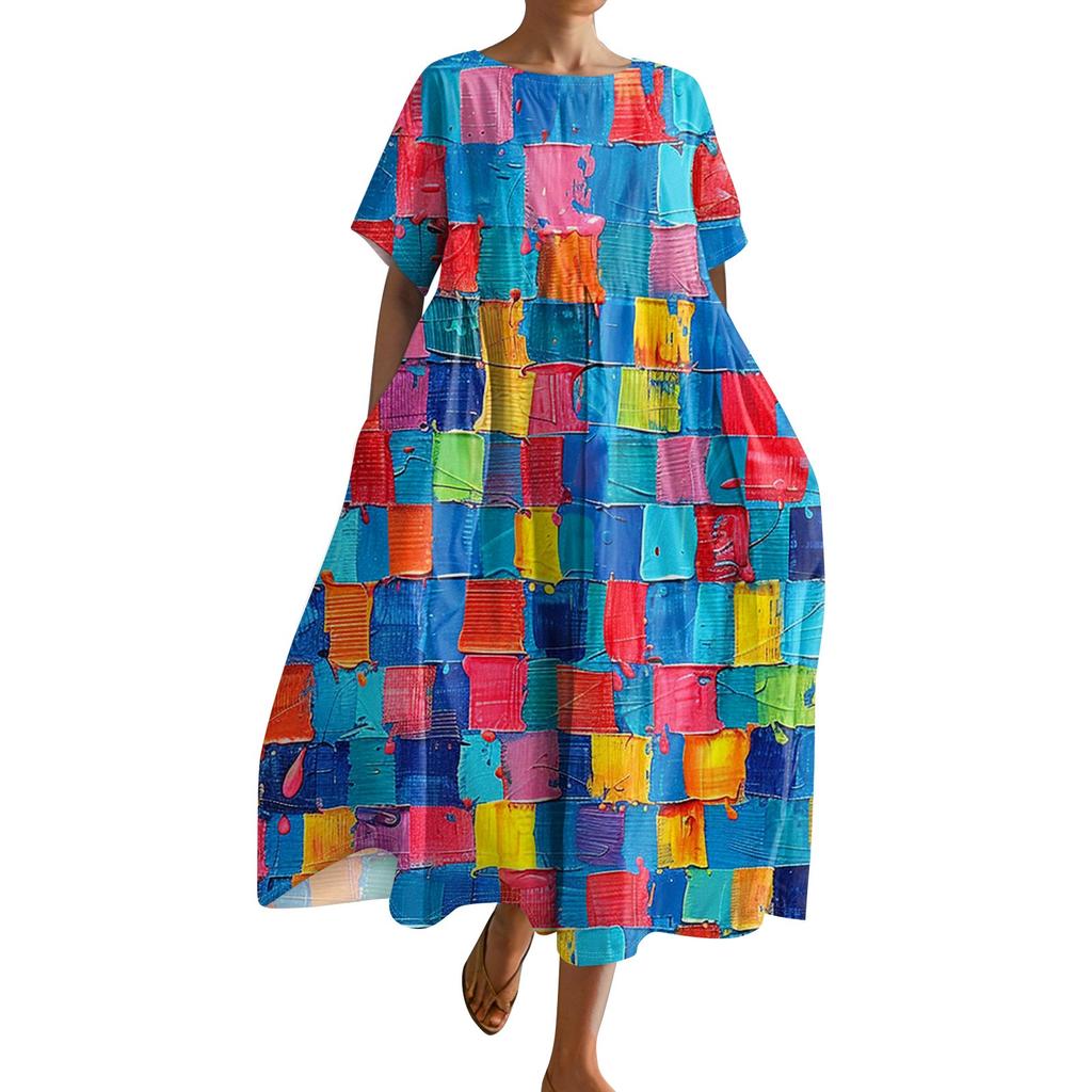 Women's Fashionable Print Round Neck Short Sleeved Loose Hem Pocket Dress