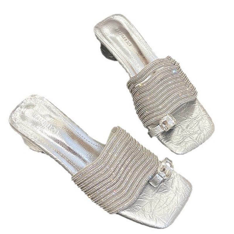 Silver rhinestone high-heeled slippers for women's summer wear new temperament high-end thick-heeled square head cover toe cool slippers
