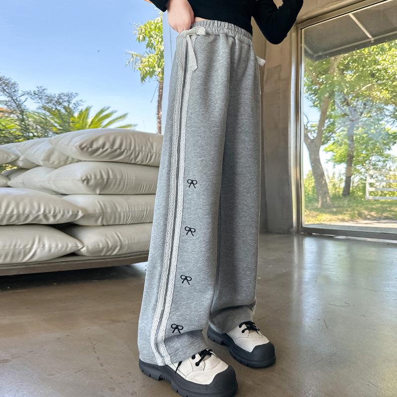 

Girls Spring & Autumn Straight-Leg Bow Sweatpants - New Style 2025, Floor-Length Trousers for Middle School Kids 150 cm