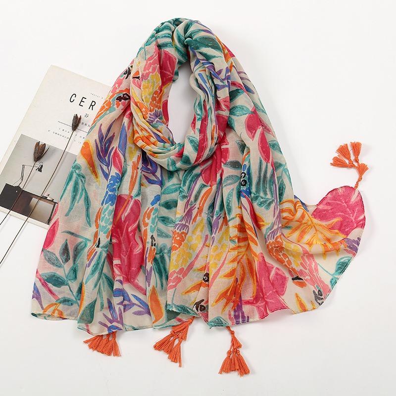 Spring and Autumn New Bali Yarn Tassel Retro Printed Geometric Scarf Versatile Fashion Travel Sunscreen Shawl Silk Scarf Women