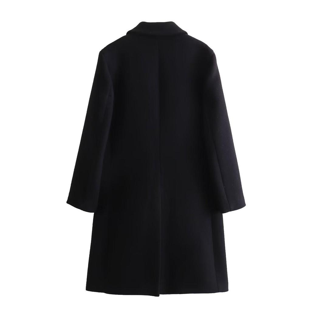 2024 European & American Women's Turn-Down Collar Long-Sleeve Button-Embellished Medium-Length Coat