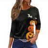 Women's Halloween Print T-Shirt Loose Fit Round Neck Three Quarter Sleeve Casual Shirt with Pumpkin and Bat Design for Seasonal Wear