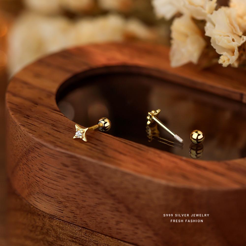 

Real 999 Sterling Silver Zircon Star Screw Stud Earrings for Women Wedding Birthday Present Jewelry золотий
