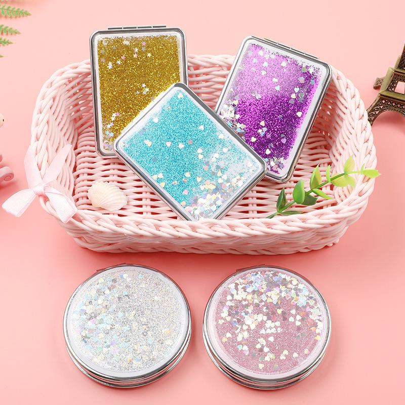 Quicksand Heart Pocket Makeup Mirror - Portable Folding Round Mirror, Small Gift for National Day