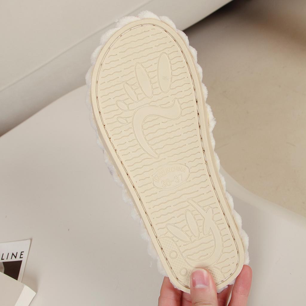 Lovely Slippers Female Slides Flat Low Heels Warm Shoes Woman Leopard Fur String Bead Butterfly Knot Winter Shoes Plus Size