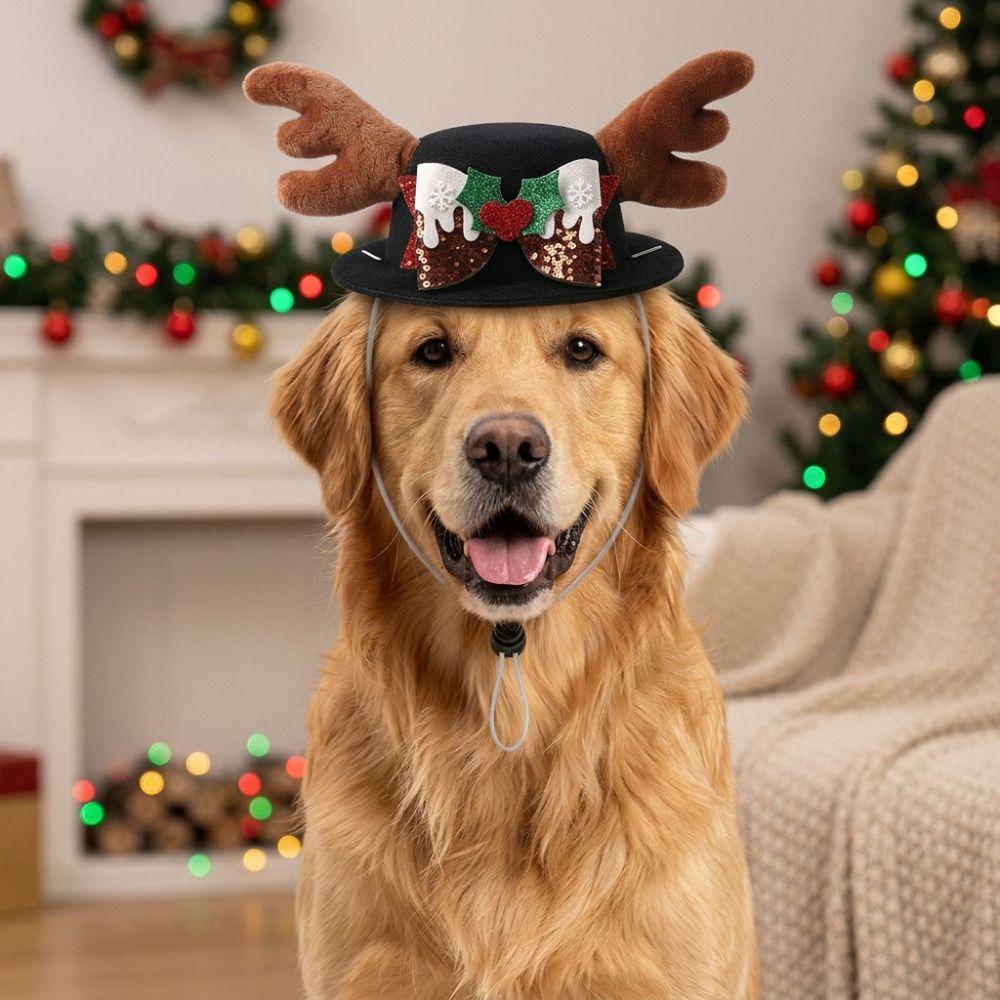 Adjustable Dog Reindeer Antler Cap Soft Plush Dog Xmas Bow Top Hat Xmas Gift