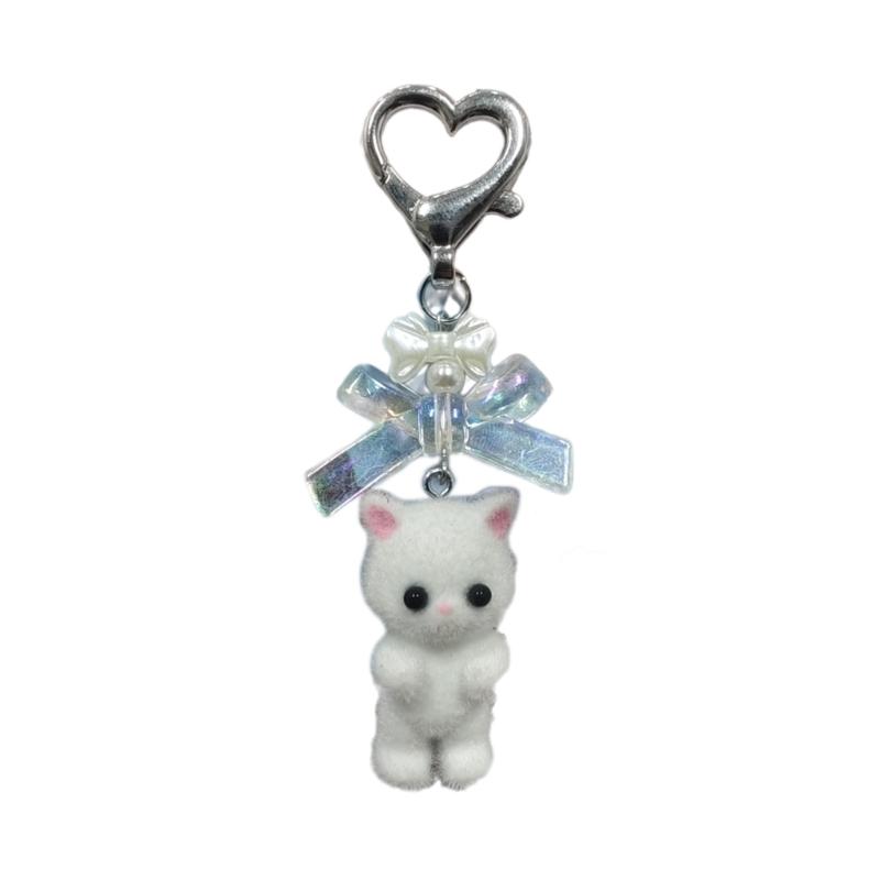 Cute fuzzy kitty cat heart bow keychain Plush Bear kitten doll kawaii bow pearl heart Keyring Backpack Bag Pendant for Women