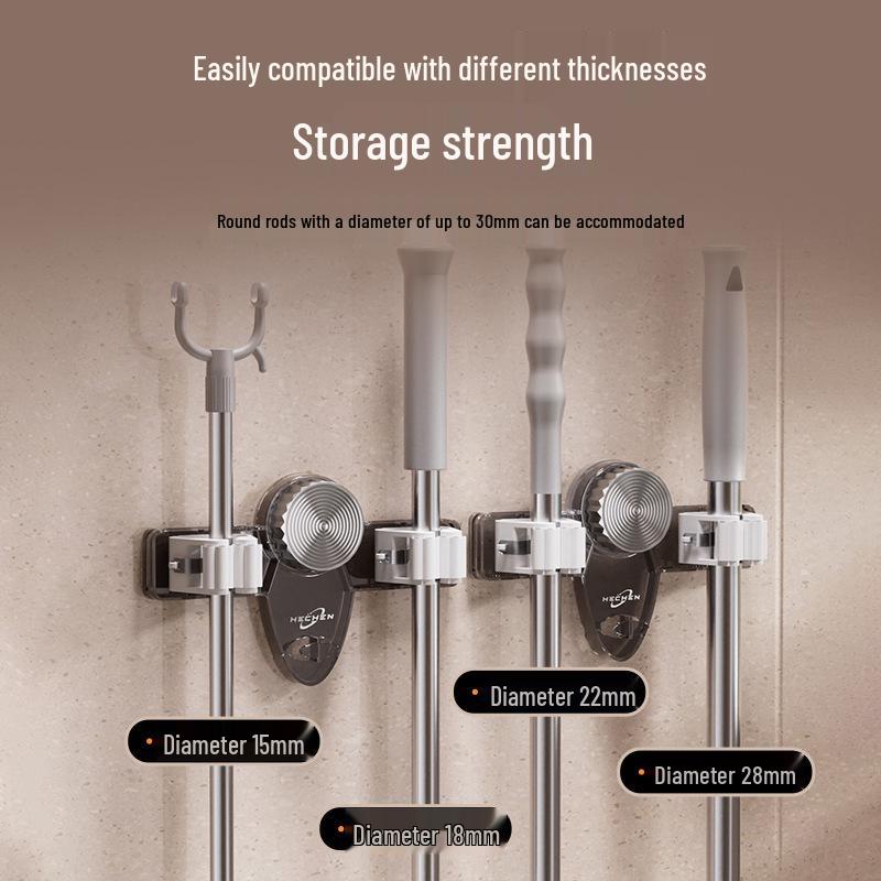 Adjustable Suction Cup Mop Holder - No-Drill, Bathroom Storage Hook with Dual Clips