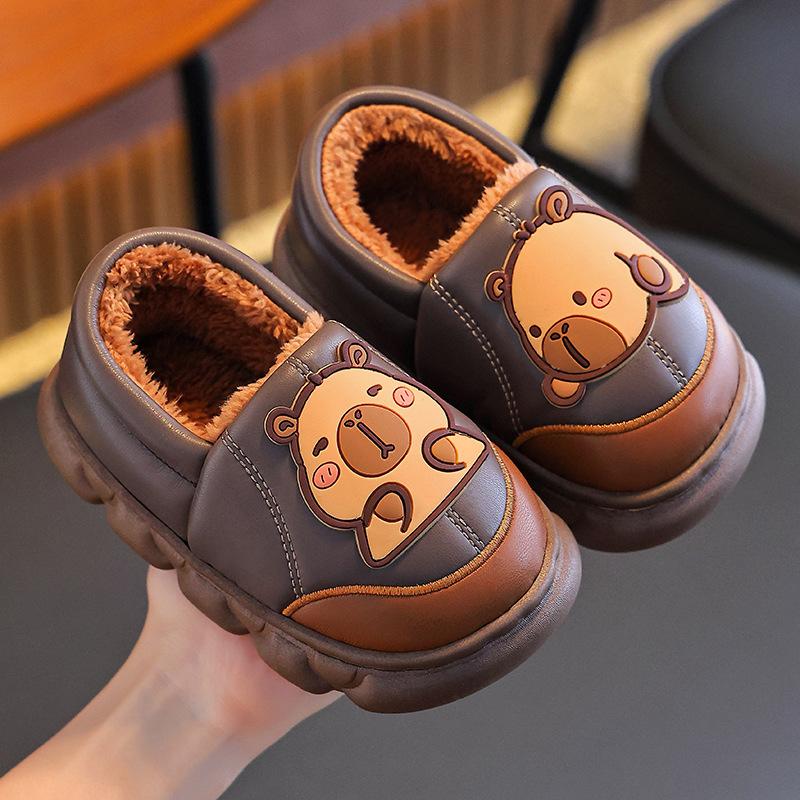 Autumn and Winter Children's Bags, Heels, Cotton Shoes, PU Leather Waterproof, Warm, and Plush Cotton Slippers for Adults and Children At Home