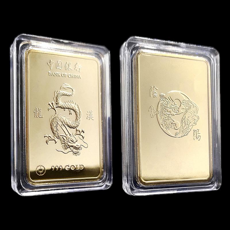 Čínský vítr Země Dragon Gold Bar Pamětní mince Yin Yang Dragon Tiger Square Mince pozlacený zlatý pruh