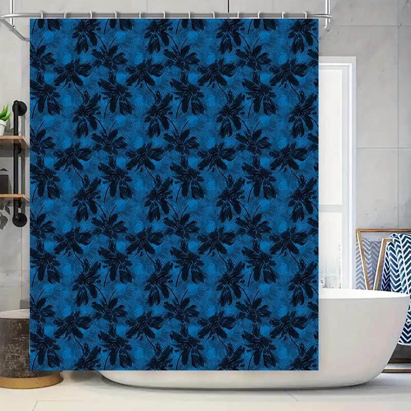 Luxury Blue Bath Shower Curtain with Waterproof Polyester Fabric, Dark Leaves Pattern, Suitable for Bathroom Decor Modern Floral