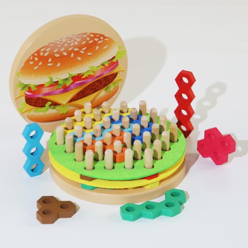 Wooden Children'S Educational Hot Dog Burger Set Column Building Block Puzzle Early Education Enlightenment Space Logic Thinking Training Toy