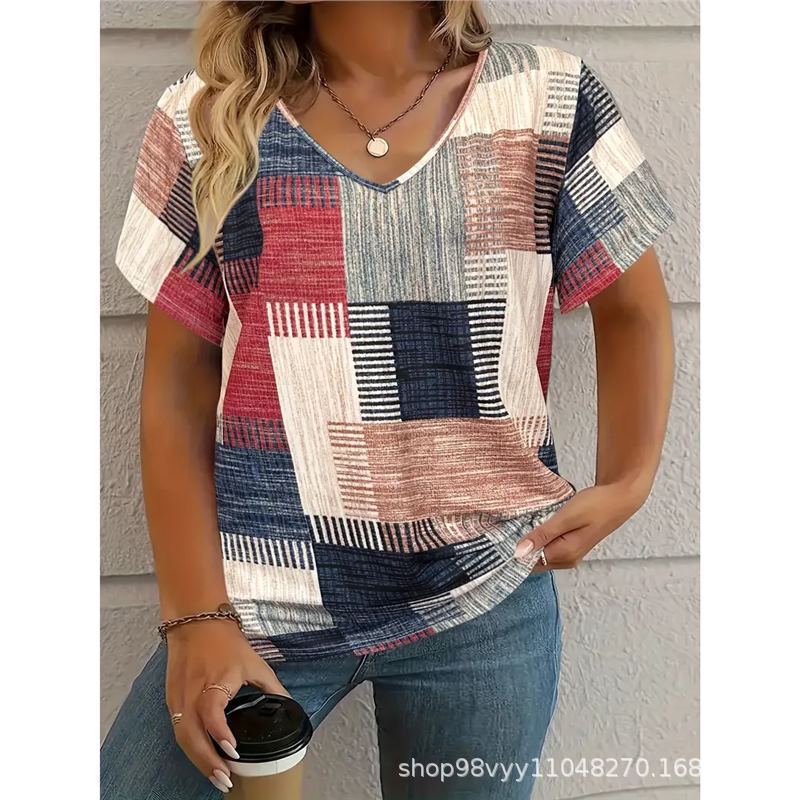 Women V Neck Geometric Patchwork Print Short Sleeve Casual Loose Summer T Shirt Tops