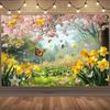 2D Misty Spring Forest Tapestry, Cherry Blossom Canopy & Wildflowers Wall Decor