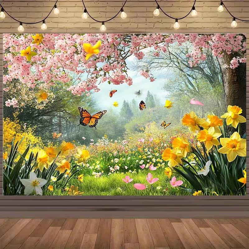2D Misty Spring Forest Tapestry, Cherry Blossom Canopy & Wildflowers Wall Decor