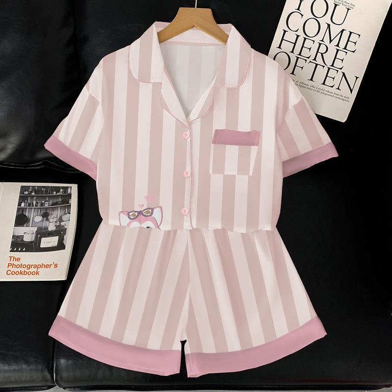 Summer Ice Silk Pajamas Female Sweet Lina Belle Simple Cartoon Striped Wear Loungewear Suit