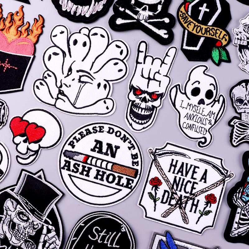Punk Skull Patch Iron On Patches For Clothing Thermoadhesive Patches On Clothes Hippie Embroidered Patch For Clothes Hook Loop