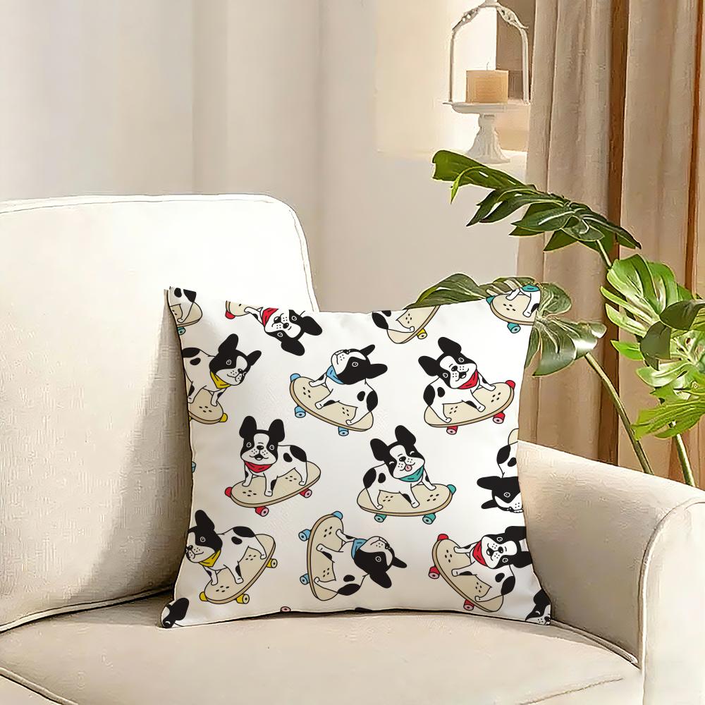 Cartoon French Bulldog Pattern Cushion Cover Reversible Plush Pillow Cover Soft Fluffy Home Decor for Sofa Bedroom