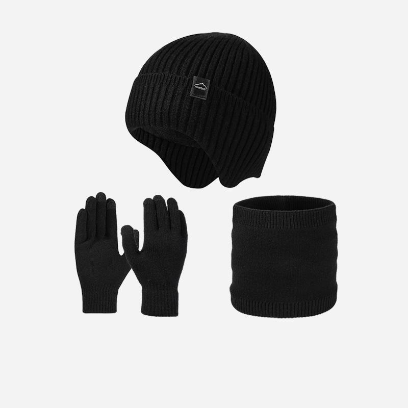 Autumn Winter Warm Suit Men's Velvet Thick Ear Protection Knitted Hat Scarf Gloves Three-Piece Hat Set