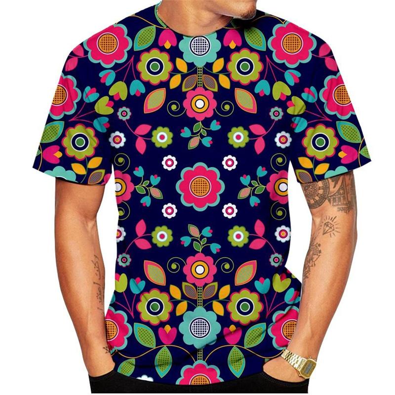 Summer Round Neck 3D Colorful Flower Print Top Fashionable Casual Hawaiian Vacation Style Short Sleeved Men's T-shirts