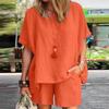 Women Cotton Linen Color Short Sleeve Shorts Suit Casual Retro Loose Shorts Suit
