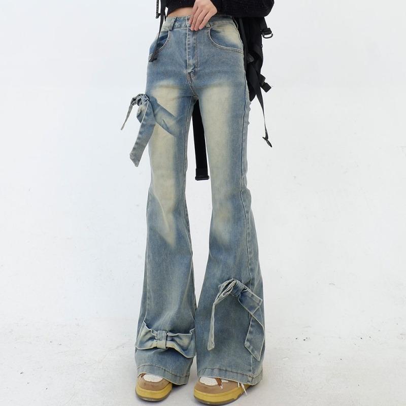Jeans a zampa blu con fiocco da donna Harajuku Estetica anni '90 Streetwear Pantaloni di jeans larghi Pantaloni jeans Y2k Vestiti trashy vintage anni 2000