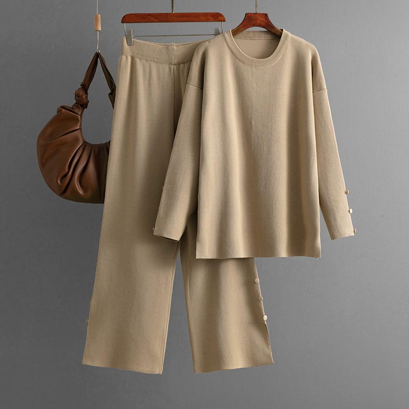 Solid color plus size knitted sweater set women's autumn and winter new loose fashion casual two-piece set