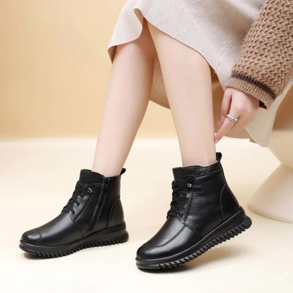 Women's Boots Autumn and Winter Thick Cowhide Cotton Shoes Women's Winter Boots Real Wool Soft Soled Non Slip Leather Boots