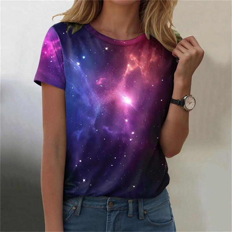 Summer Tops for Women Casual Galaxy Shirt Women Galaxy Print T Shirts Glitter Shirts Blouse Fashionable Starry Plain Shirt