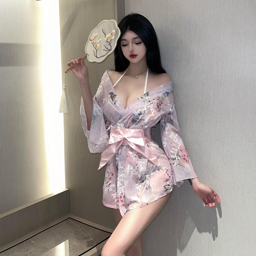 Yukata Cosplay Sexy Oiran Kimono 4dílná sada Roztomilé pyžamo Yamato Nadeshiko Japonské spodní prádlo Cosplay Síťované punčocháče Včetně Cherry Blossom