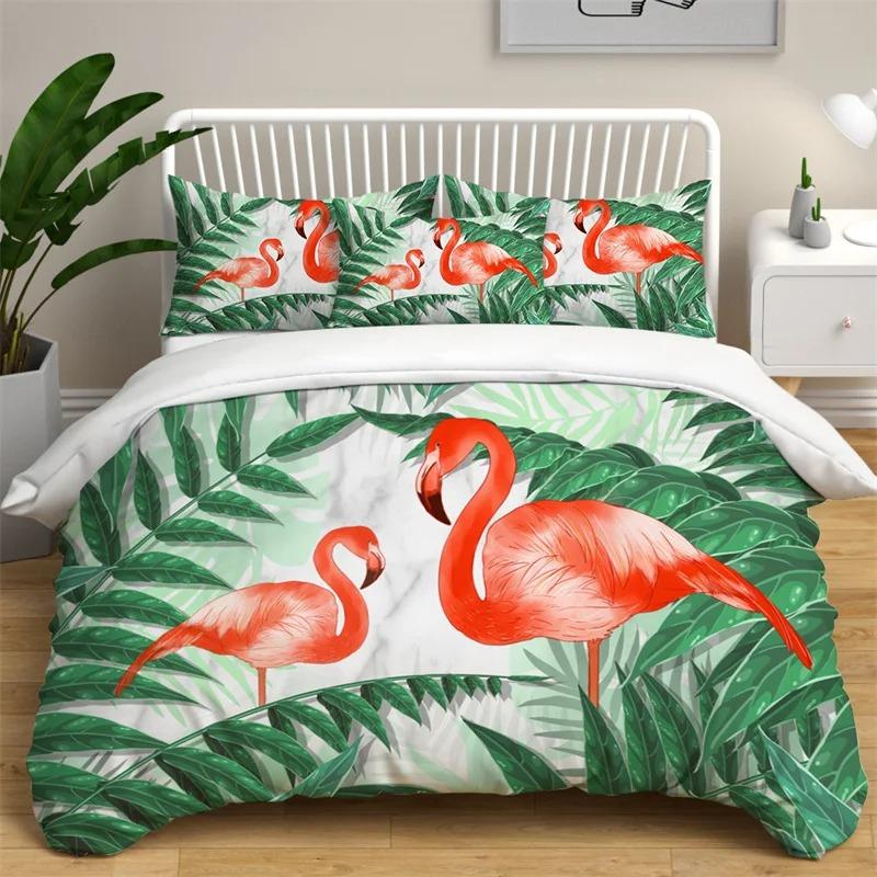 Flamingo Duvet Cover Palm Leaves Comforter Cover for Girls Boys Teens Cute Animal Tropical Botanical Bedding Set Twin King Size