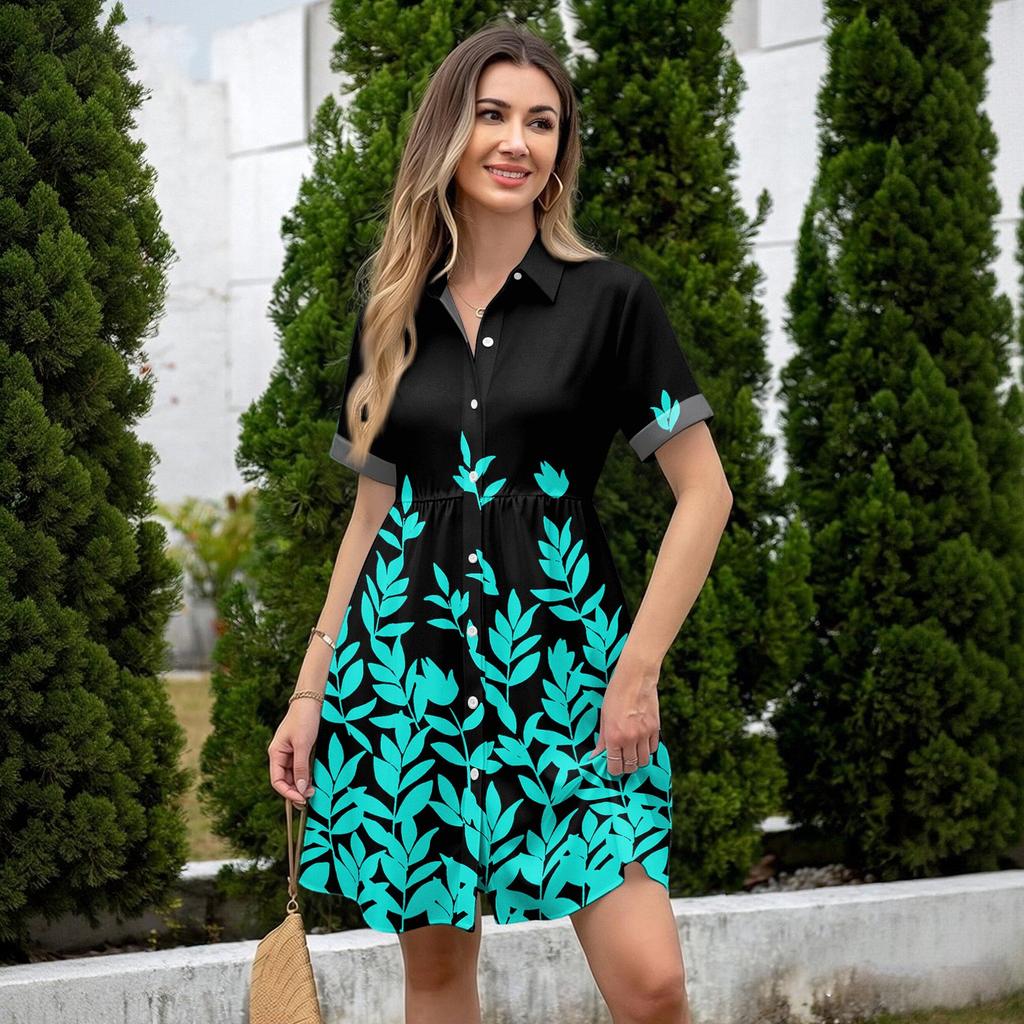 Women's Casual Loose Fit Shirt Dress Button Front Short Sleeve Collared Dress with Floral Print Suitable for Daily Wear and Outdoor Activities