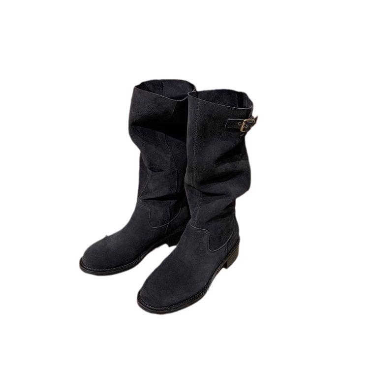 Grape Mother of the Same Style, the New Maillard Pointed Round Head Leather Boots Buckle with Thick Heel Medium and High Boots 2025 Women's Autumn