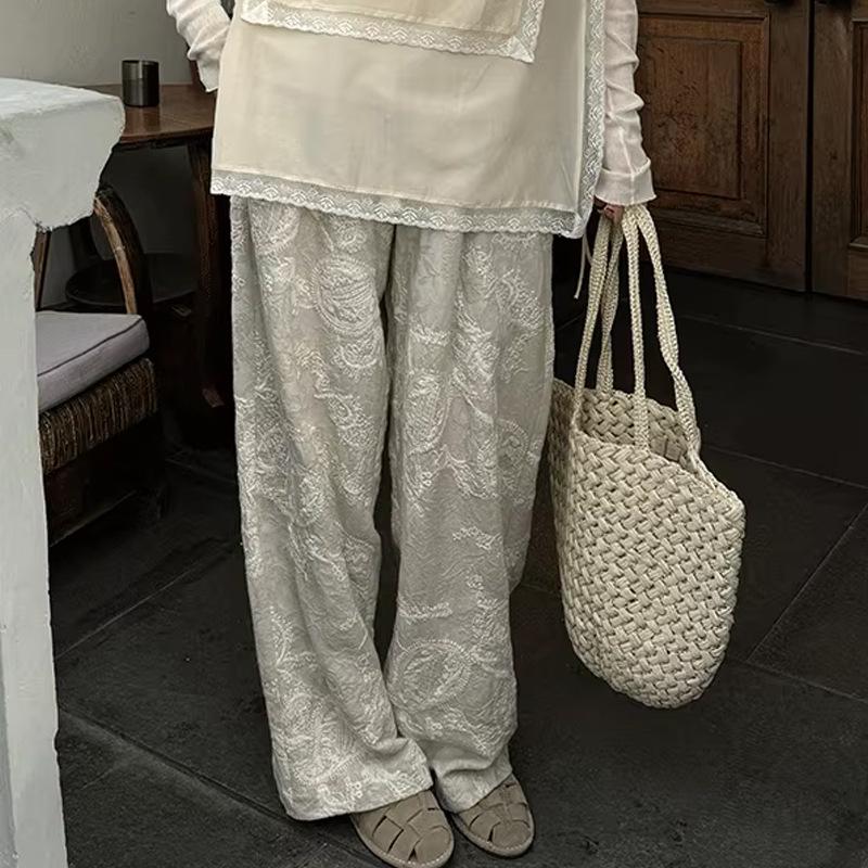 Owis Floral Embroidery Cotton Linen Tassel Waist Pants