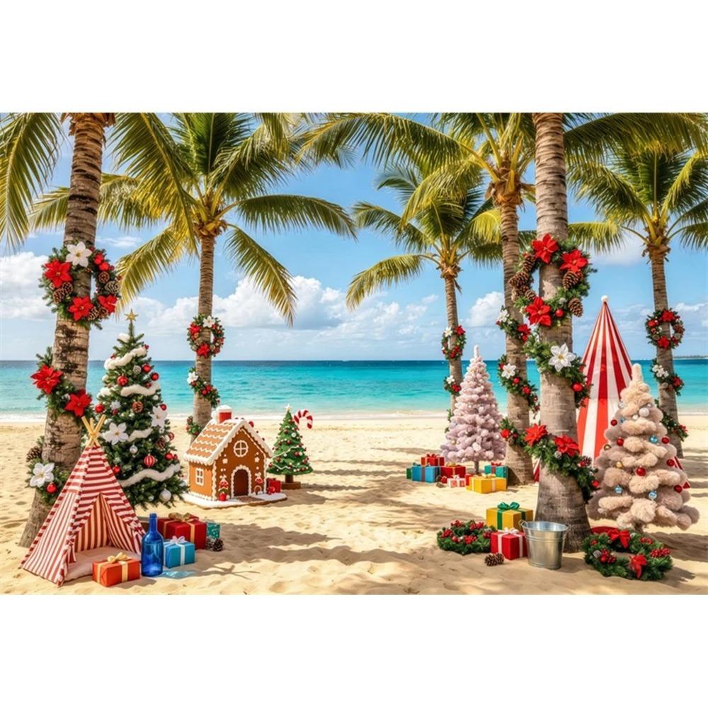 Summer Beach Christmas Tree Gift Theme Banner Background, Children's Birthday Party, Home Decoration Photography Backdrop Cloth