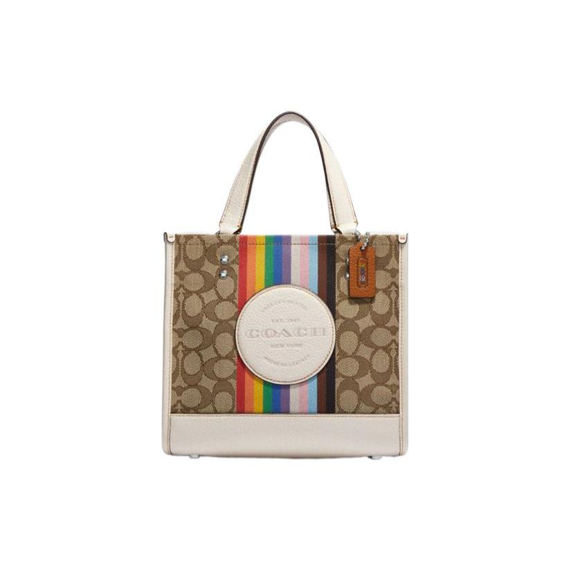 Coach Women's Dempsey Tote 22 Logo Decorated Rainbow Striped Classic Monogram Fabric With Leather Tote Bag Shopping Bag Shoulder Bag Handbag Small Cj576-Svot8