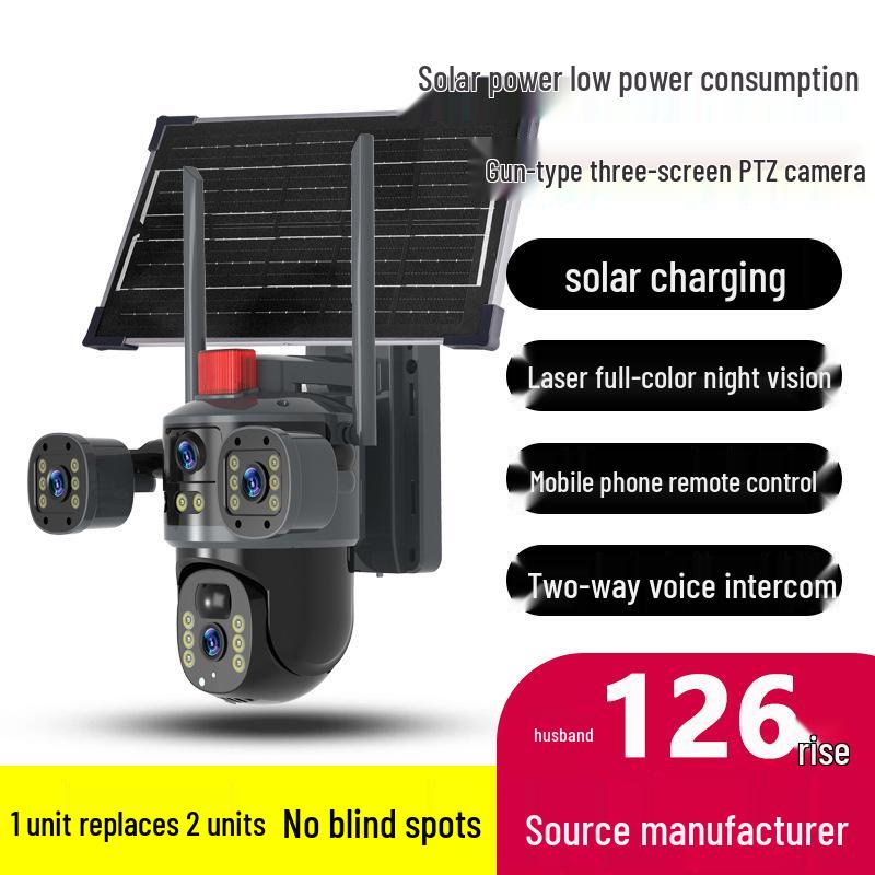 Triple-Lens Solar Surveillance Camera with Remote Two-Way Intercom and HD Mobile Phone Connectivity for Outdoor Use