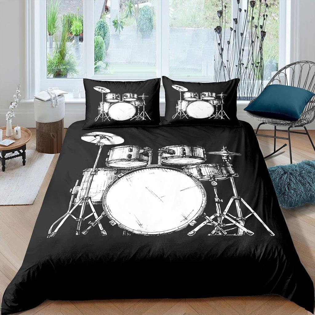 Rockmusik Weiß und Schwarz Bettbezug Doodle Zeichnung Skizze Schlagzeuger Musikalische Inspirationen Monochromes Arrangement Dekorativ Kinder
