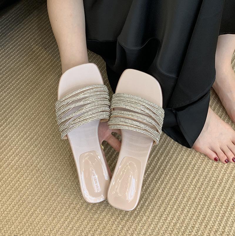 Light luxury thick heel silver rhinestone temperament small cool slippers fairy shoes wear 2025 new summer open-toed sandals