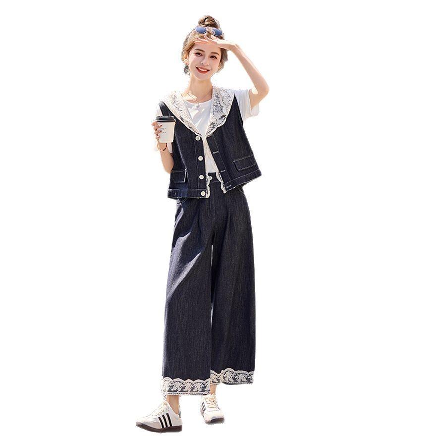 Fashion casual denim suit women's summer new age-reducing lace hooded vest short-sleeved T-shirt wide-leg pants three-piece set