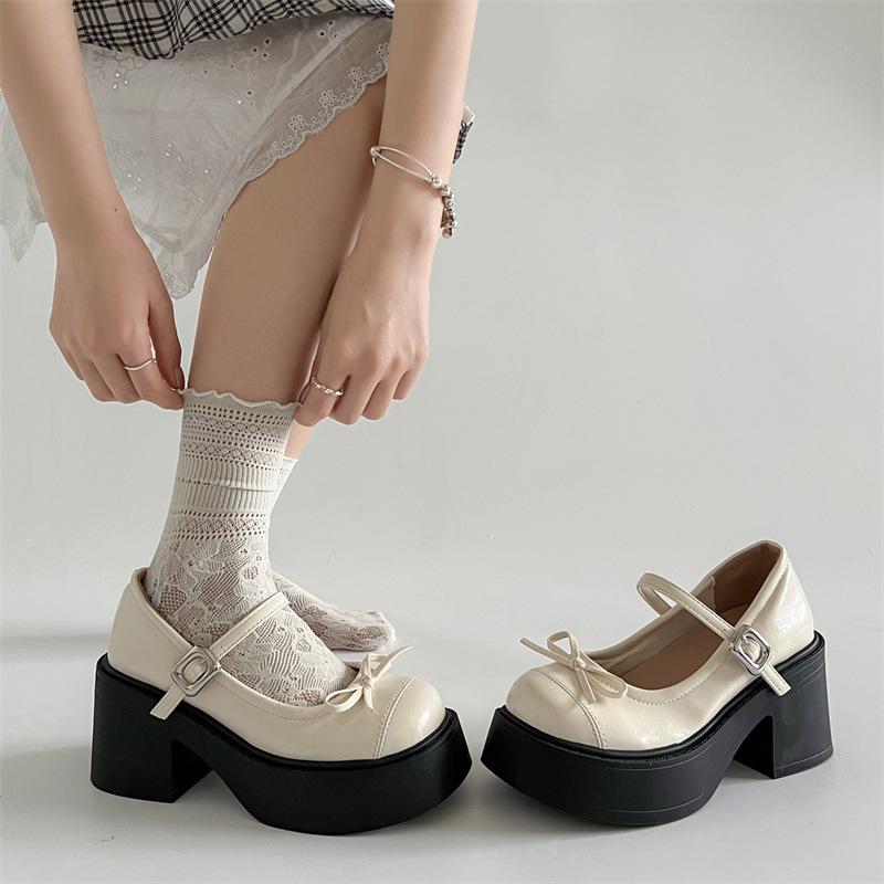 Silver French retro round head light mouth thick high heel single shoes women's 2025 new summer skirt JK Mary Jane shoes