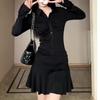 American Polo Neck Black Long Sleeve Dress Pure Lust Spice Girl Pleated Sports Slim Fit Waist Skinny Short Skirt Skirt