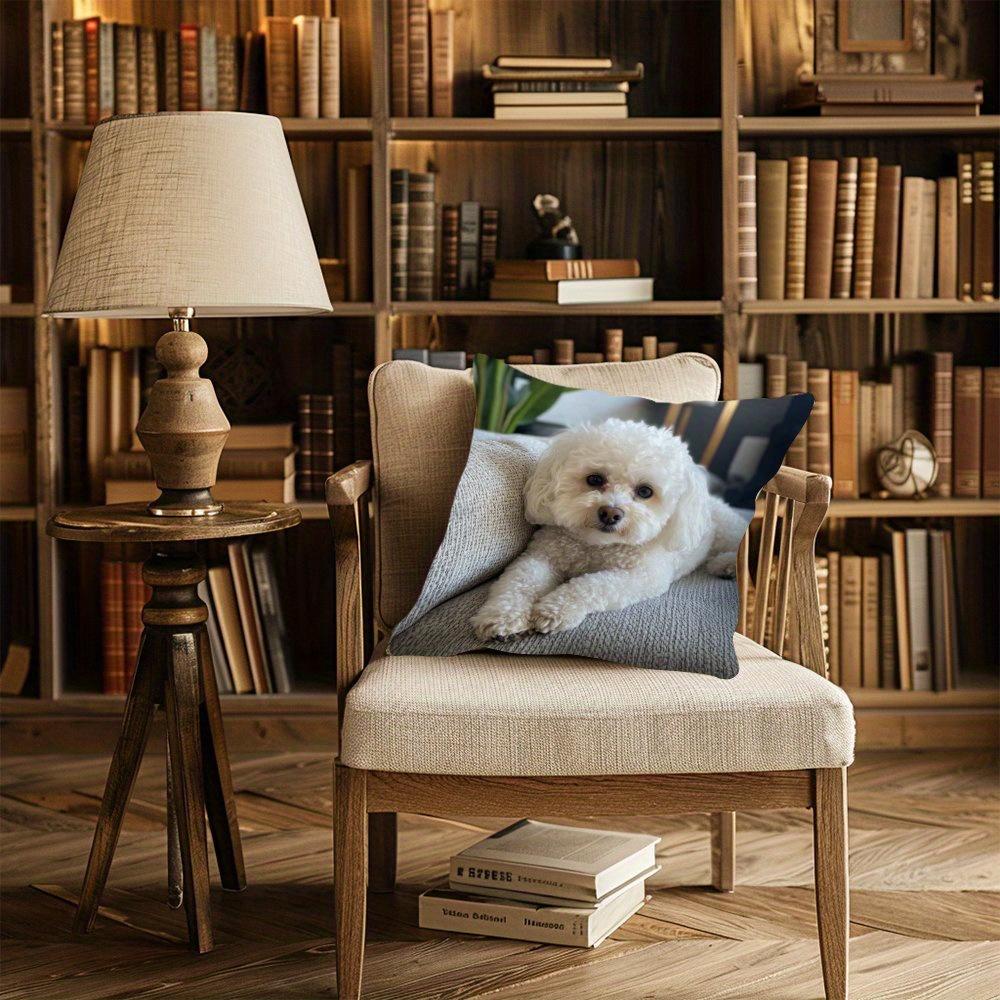 1Pc Lying Bichon Frise Printed Throw Pillow Cover, Suitable For Sofa, Bedroom, Living Room, A Heartwarming Gift For Dog Lovers.